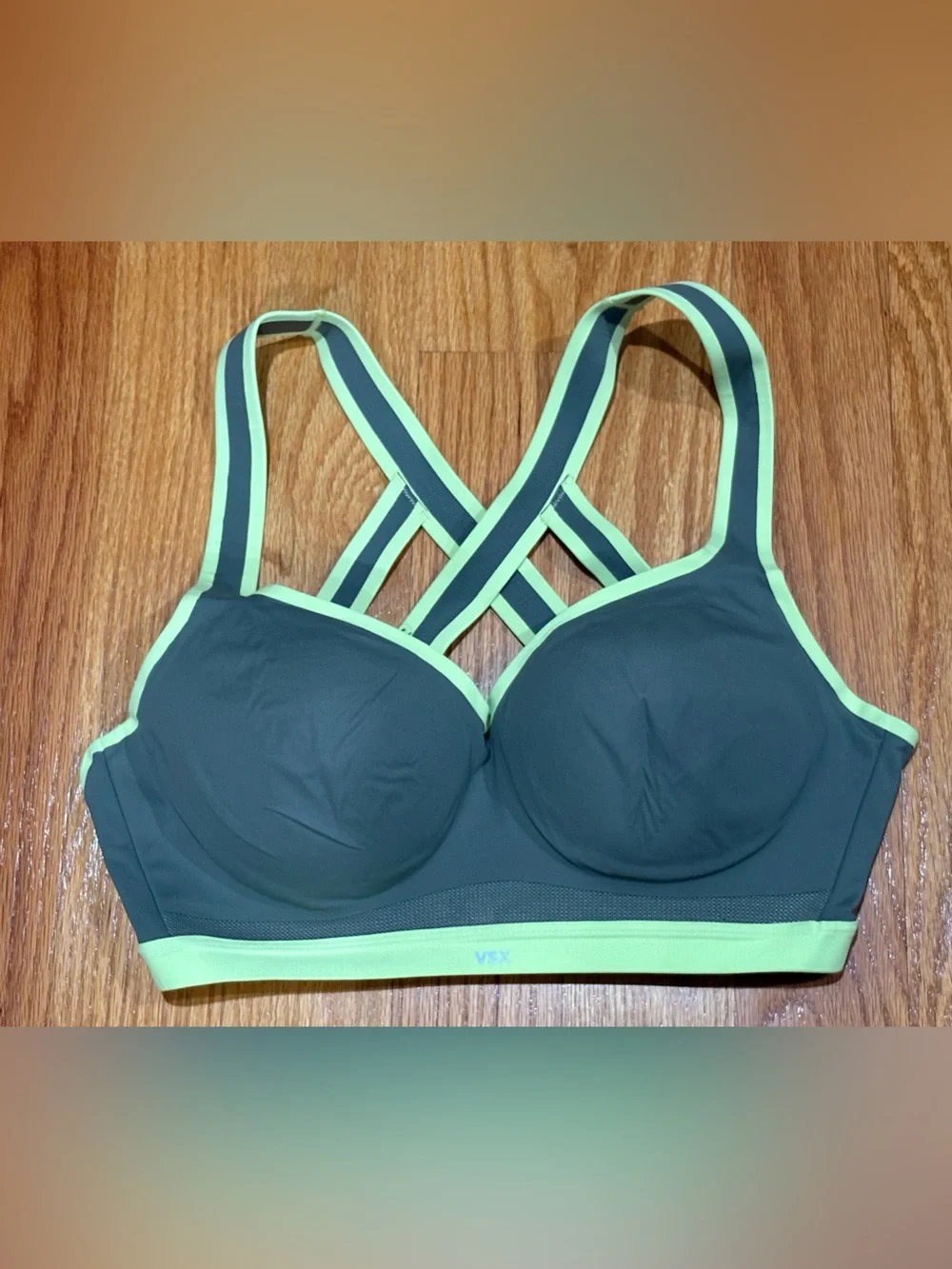 VICTORIA'S SECRET VSX Incredible Plunge Sports Bra Gray Neon Green Strappy